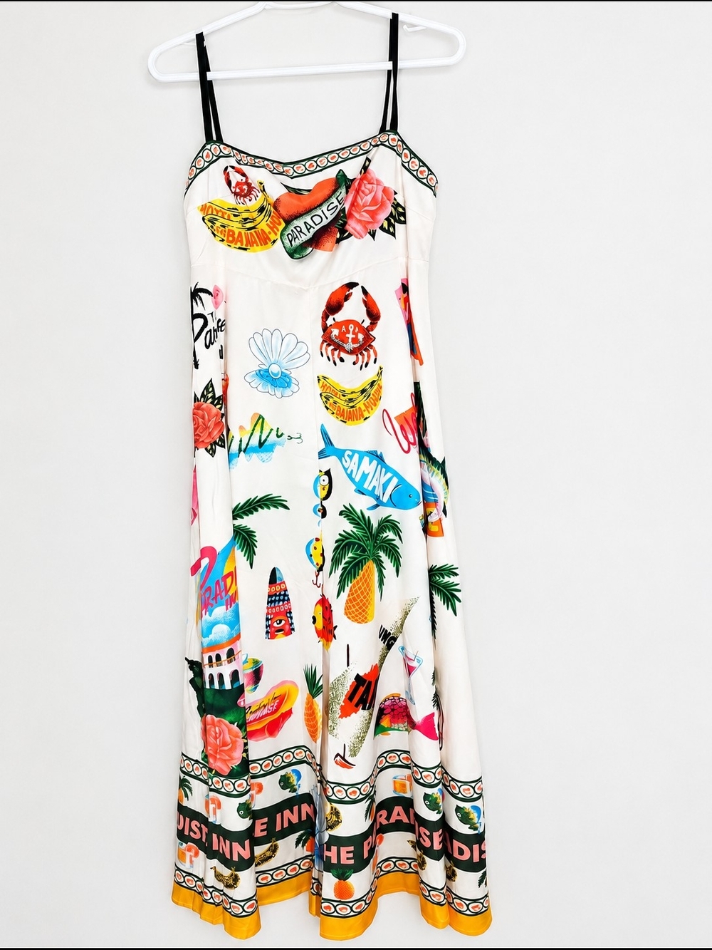 Tropical Print Maxi Dress in White with Multicolor Motifs